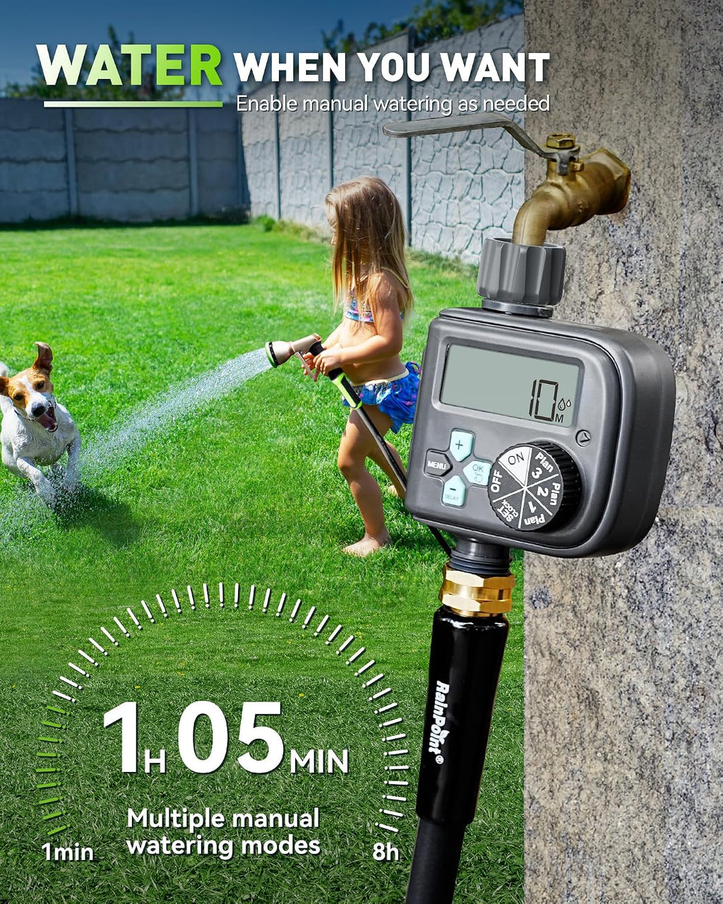 RAINPOINT Sprinkler Timer with 3 Independent Programs, Hose Timer with Rain Delay/Manual/Automatic Irrigation System