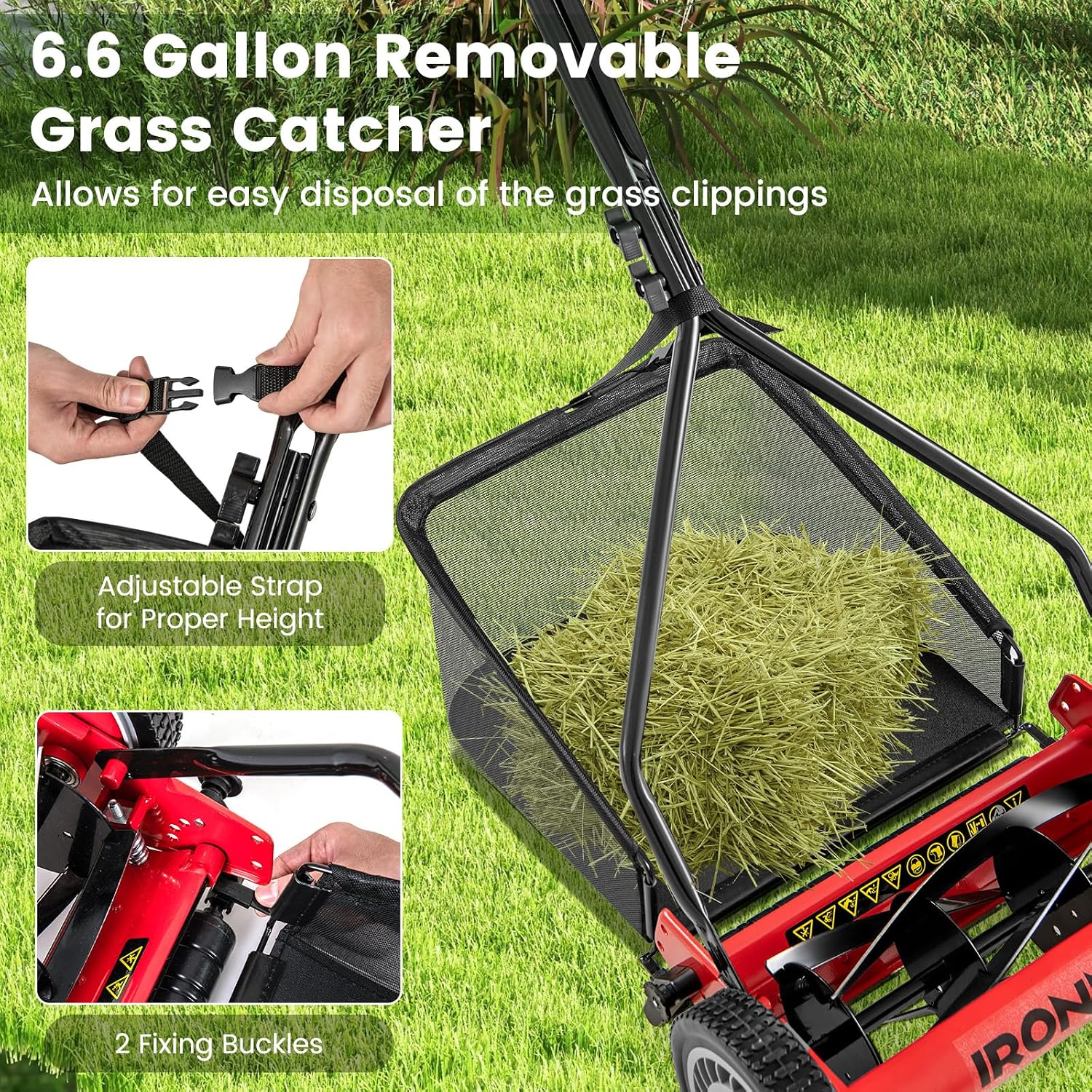 IRONMAX 14 Inch 5-Blade Push Reel Mower, Removable Grass Catcher, Red | 4-Level Adjustable Cutting Heights, Lightweight