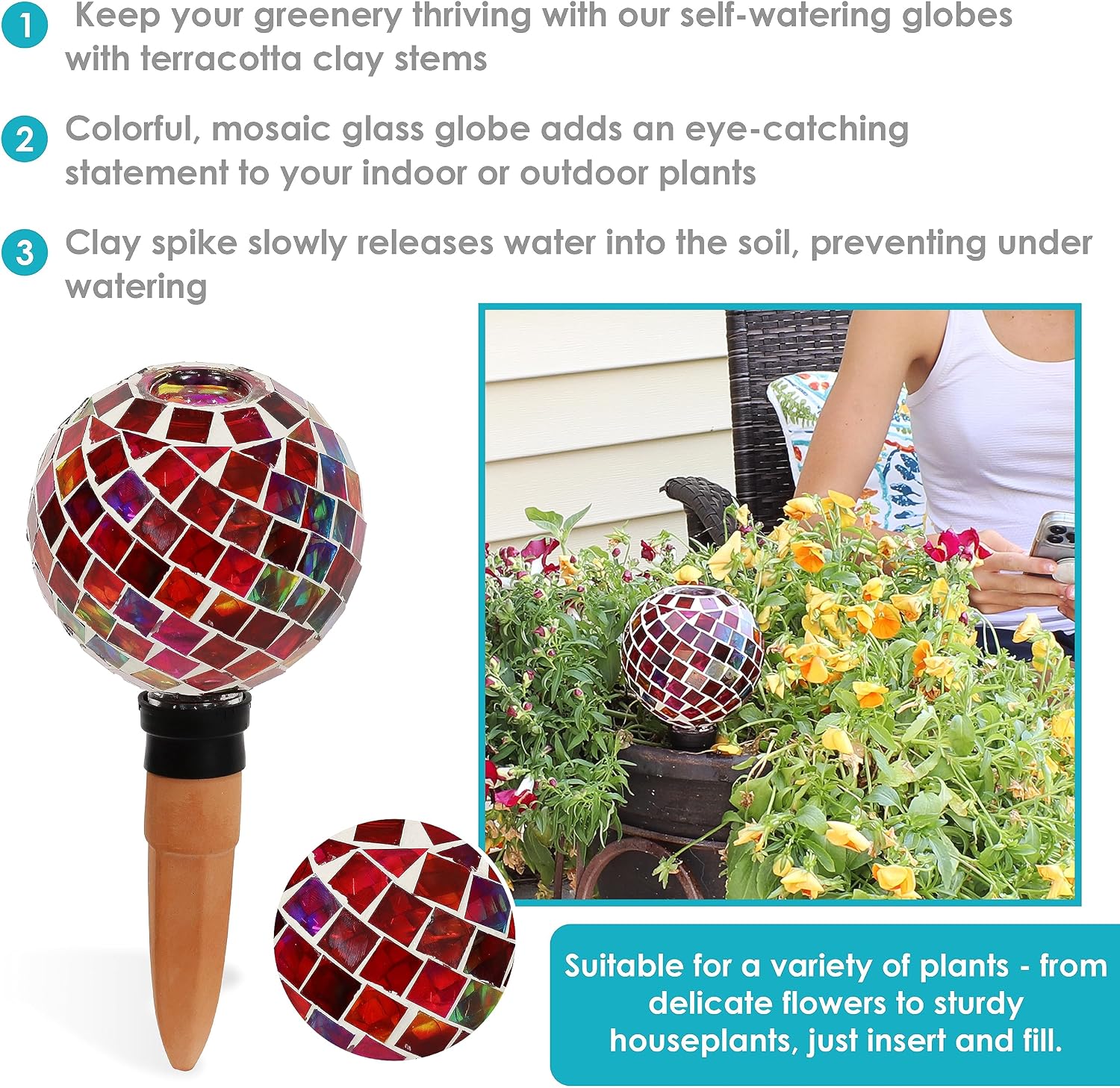 Sunnydaze Mosaic Glass Plant Watering Globe, Magenta Medley | Decorative Self-Watering Planter Insert, Water Dripper
