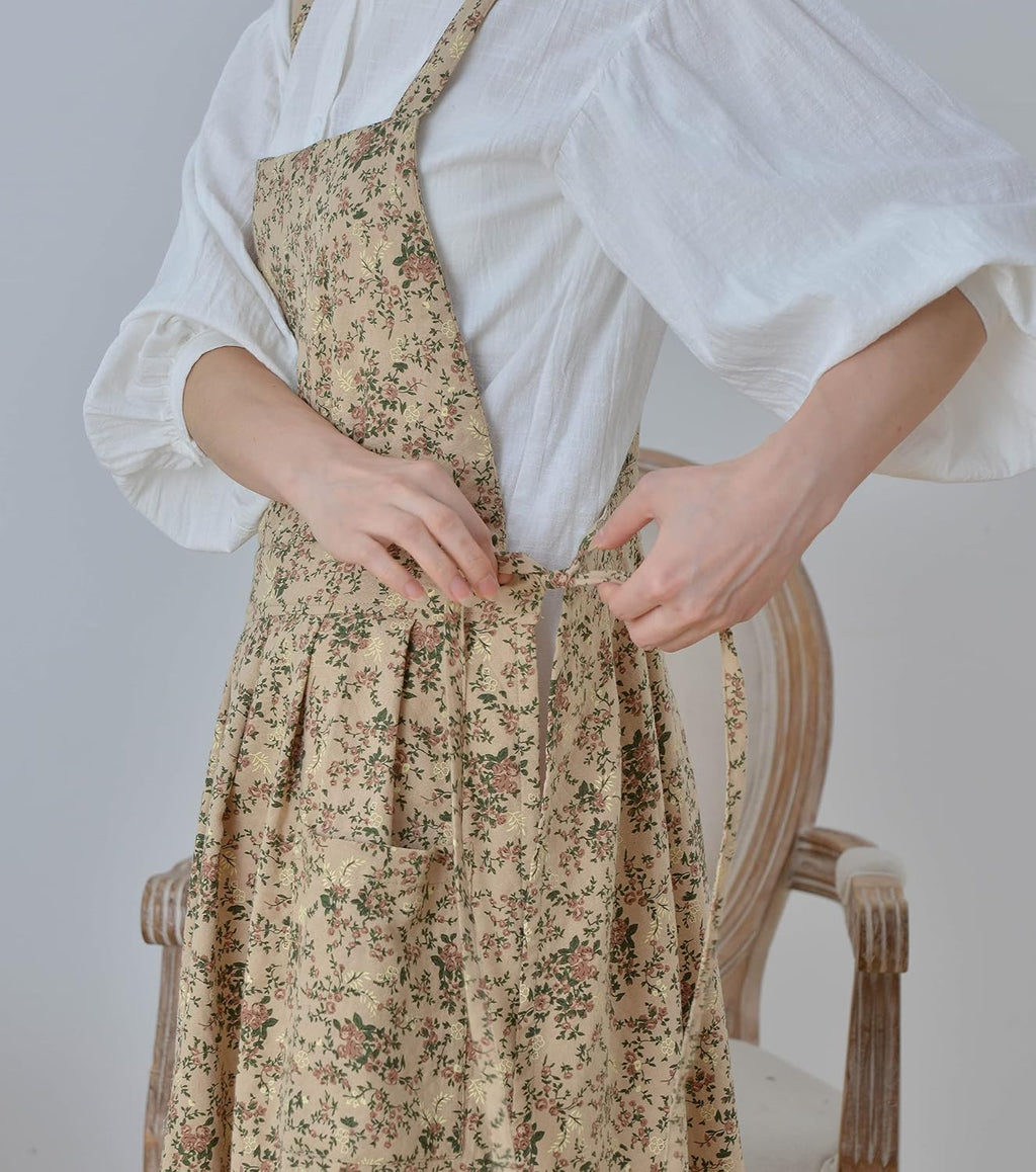 Japanese Cotton Linen Cross Back Apron with Pockets,Fashion Pinafore Dress for Gardening Painting Cleaning Cooking