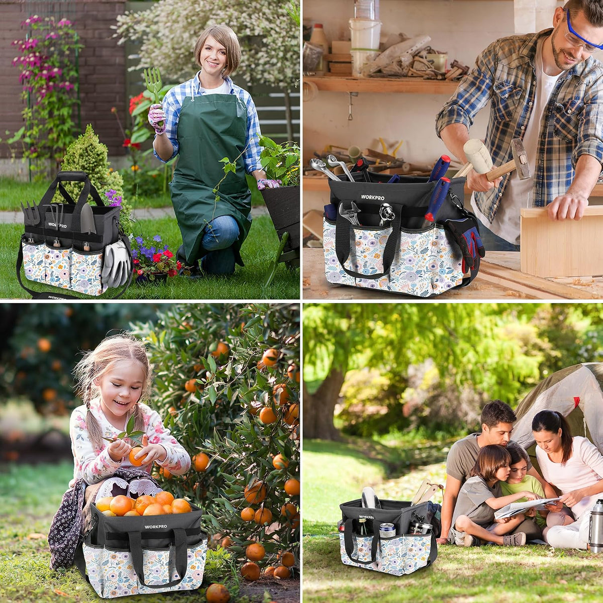 WORKPRO Garden Tool Bag, 10 Pockets and Shoulder Strap, Floral White | Heavy Duty Gardening Organizer Tote Bag