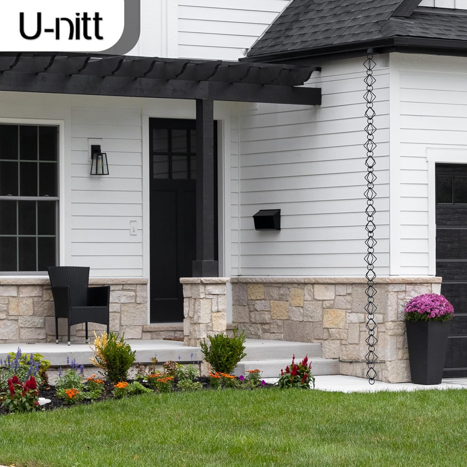 U-nitt Rain Chain Water Collection for Gutters Rainwater Catcher & Diverter, 8.5 FT Chains for Outside Garden, Black