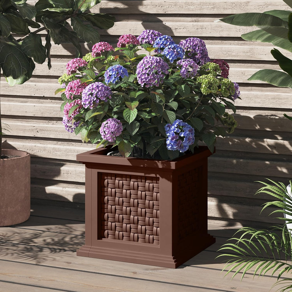 Rattan Style Outdoor Planter Box - 14.65-Inch-Square Decorative Flower or Plant Pot - Garden, Patio and Front Porch