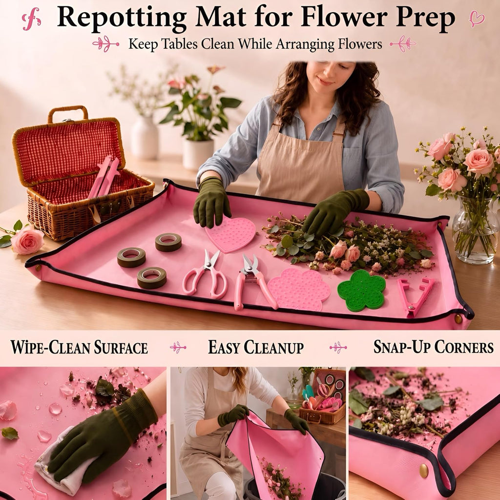 Florist Supplies Kit with Repotting Mat&Wicker Basket, Floral Tools | 13-Piece Floral Arrangement Kit with Repotting