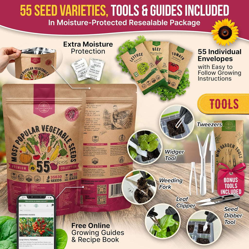 55 Vegetable Seeds Variety Pack - 35,600+ Non-GMO Heirloom Seeds for Planting Vegetables and Fruits in Individual Seed