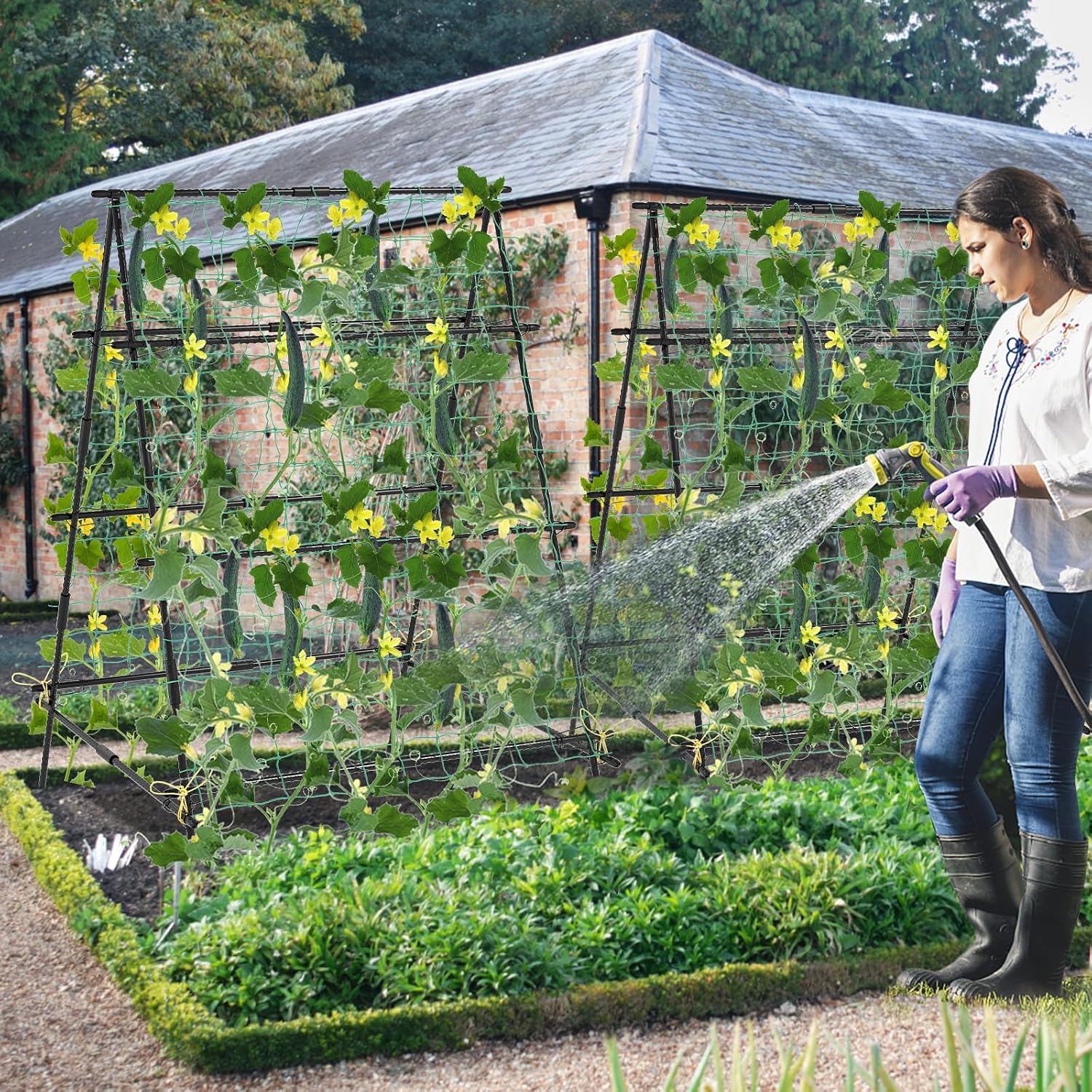 Giantex Cucumber Trellis, Trellis for Climbing Plants Outdoor, Garden Trellis w/Netting, PE-Coated Metal, Clips, Plant