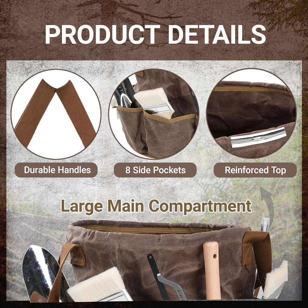 Waxed Canvas Garden Organizer Bag - Waterproof Bucket Tool Bag Portable with Side Pockets, Portable Gardening Tote for