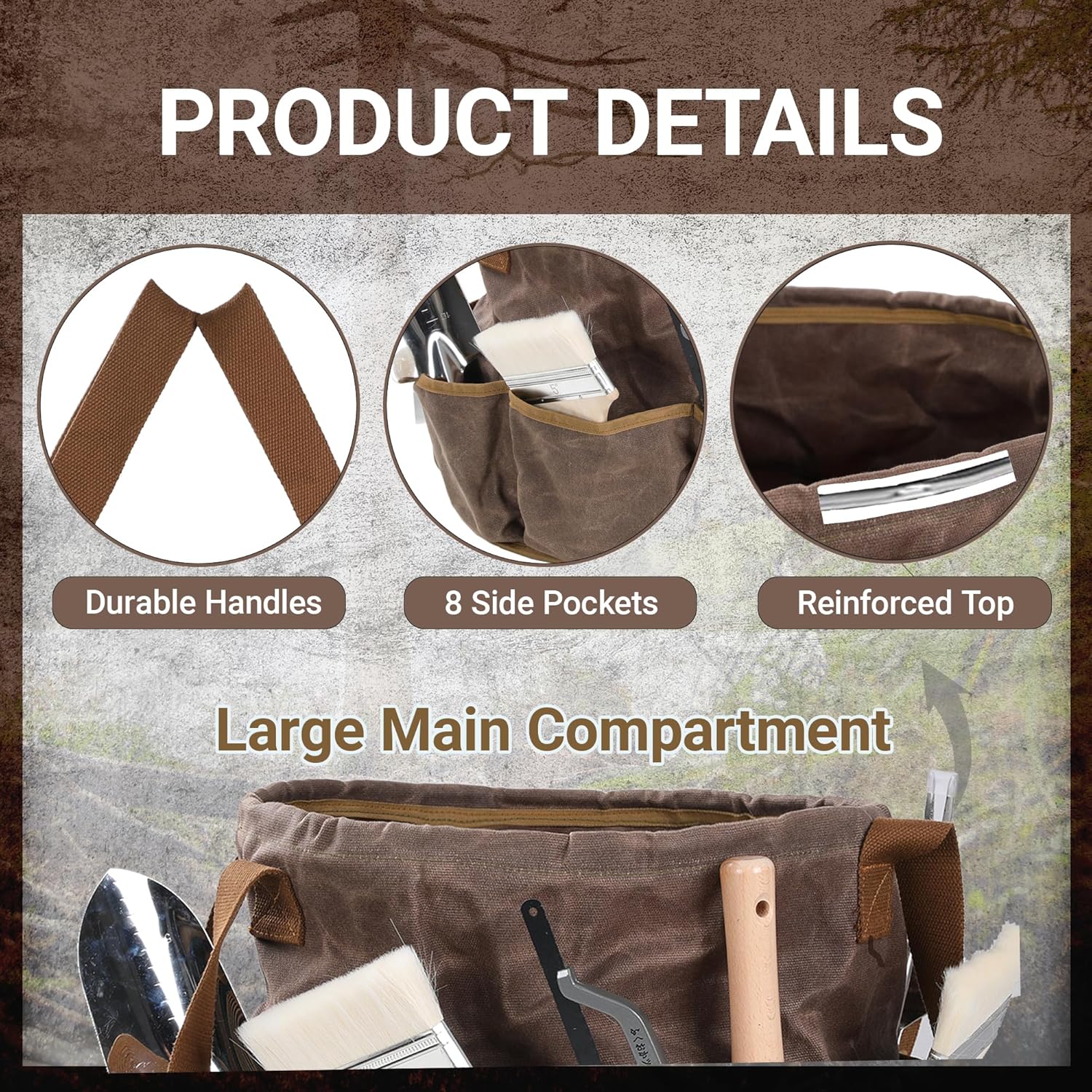 Waxed Canvas Garden Organizer Bag - Waterproof Bucket Tool Bag Portable with Side Pockets, Portable Gardening Tote for