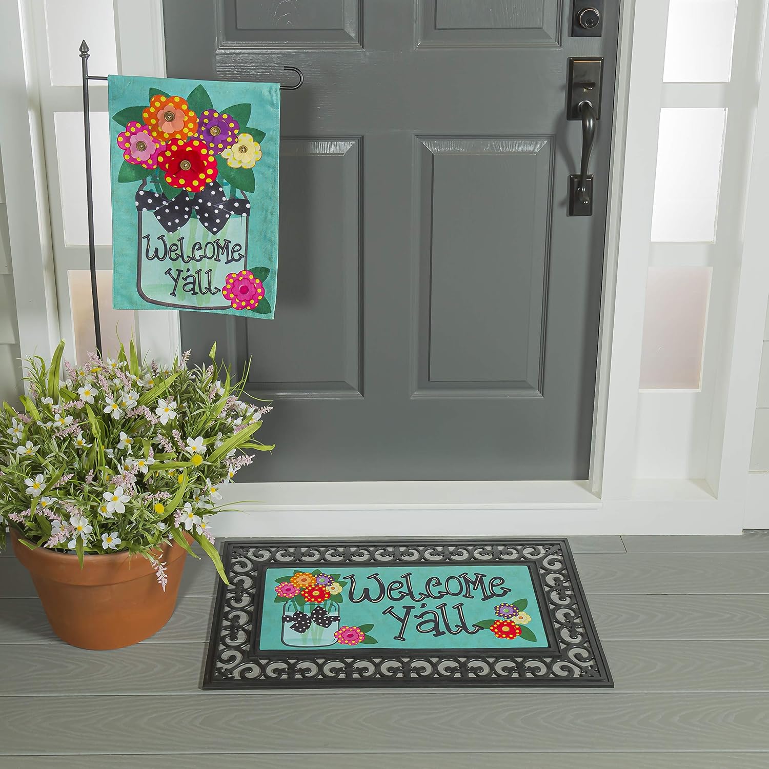 Evergreen Flag Indoor Outdoor Welcome Y'all Bundle Set of 4 - Garden Flag stand and Flag, Sassafras Doormat Frame and