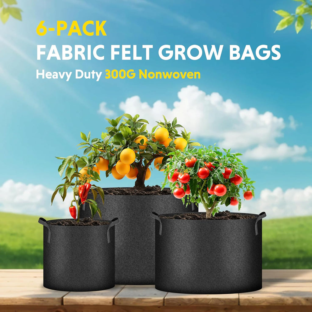 iPower Plant Grow Bag 15 Gallon 6-Pack Heavy Duty Fabric Pots, 300g Thick Nonwoven Fabric Containers Aeration with