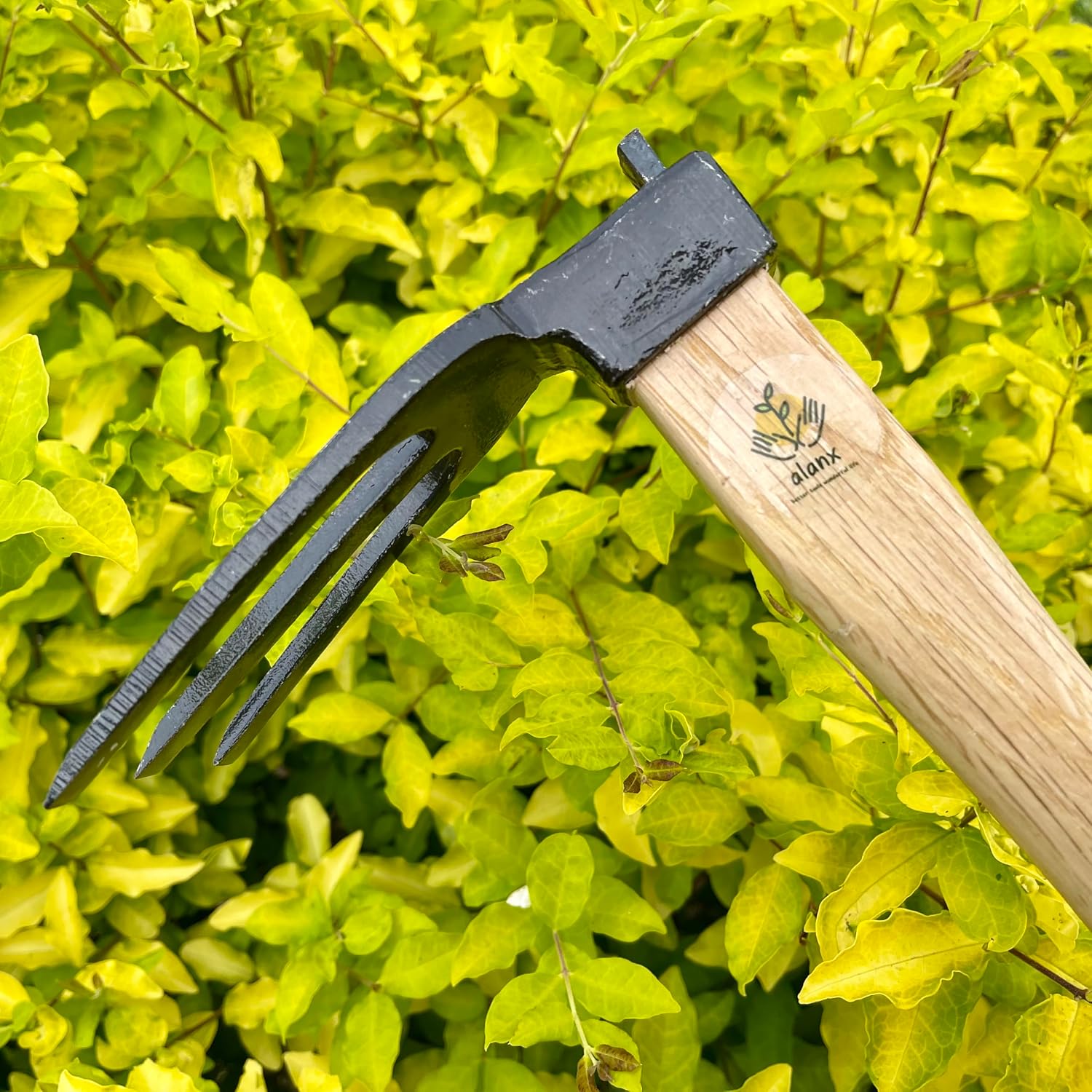 14 inch Japanese Hand Tiller/Rake for Garden, 3-tines Cultivator, Without Welding, Oak Handle, for Digging, Soil
