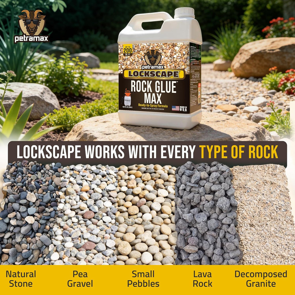 PetraMax Lockscape Ready to Use Rock Glue for Landscaping 1 Gallon USA-Made | Ready to Spray Pea Gravel Glue & Mulch