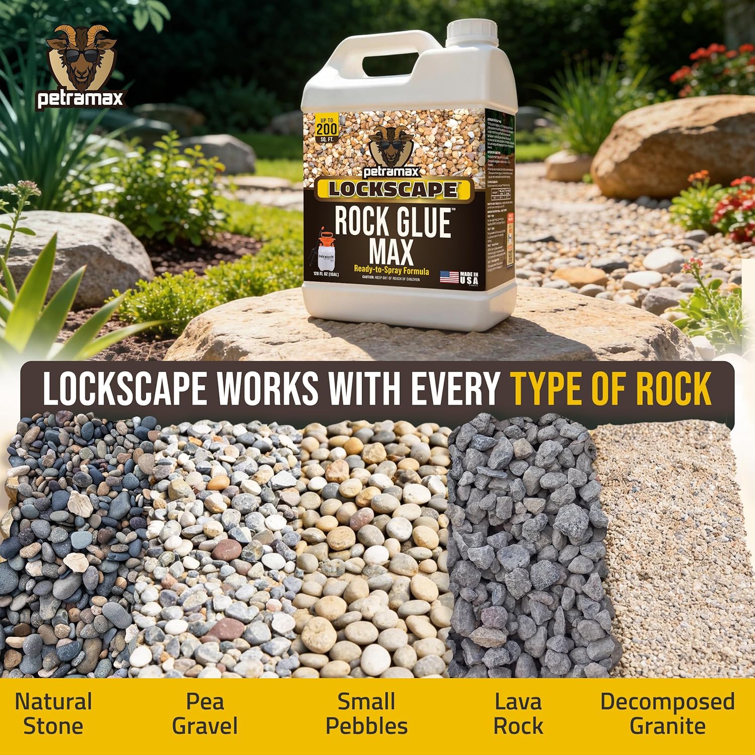 PetraMax Lockscape Ready to Use Rock Glue for Landscaping 1 Gallon USA-Made | Ready to Spray Pea Gravel Glue & Mulch