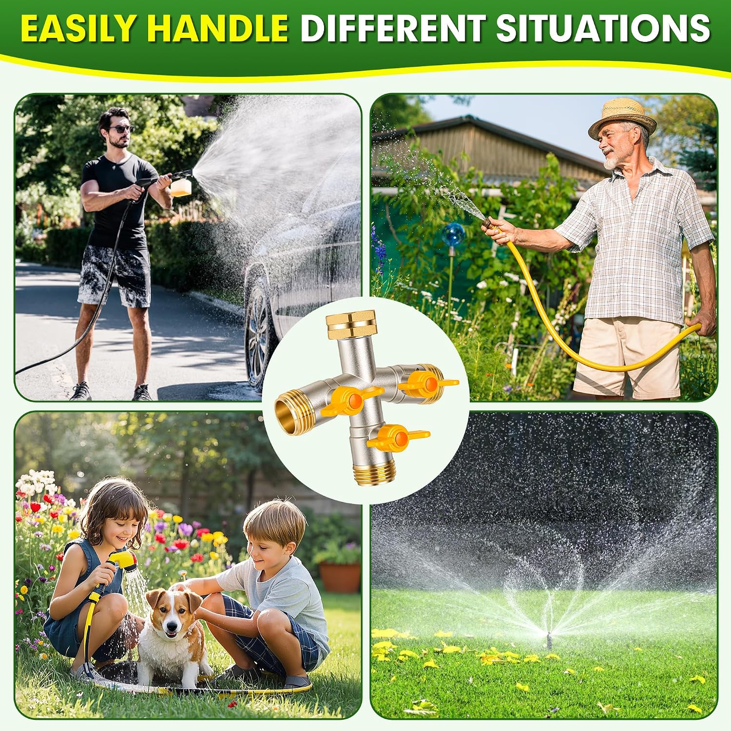 Hose Splitter 3 Way, High Flow Garden Hose Splitter, 3/4” Ght Inlet Brass Heavy Duty Hose Converter, water 3 Way Faucet