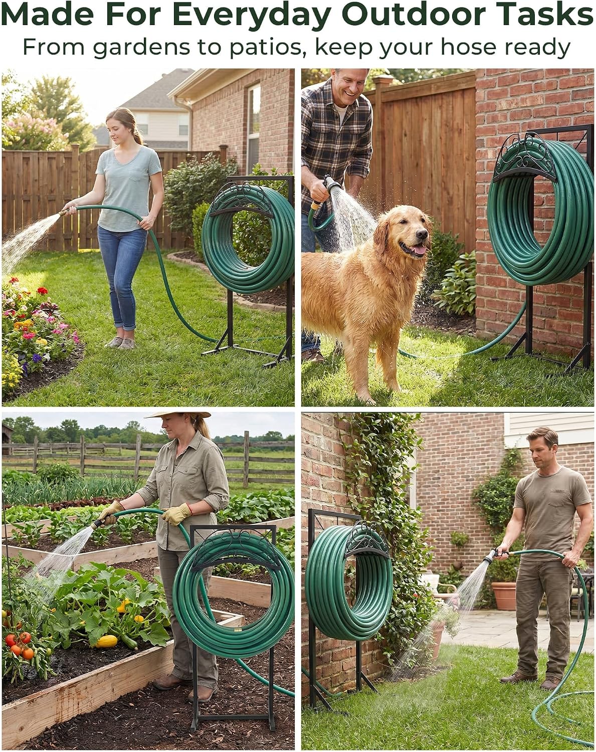 Garden Hose Holder Stand, Heavy Duty Freestanding Metal Rack | Reinforced Triangle Support, Dual Ground Stakes &