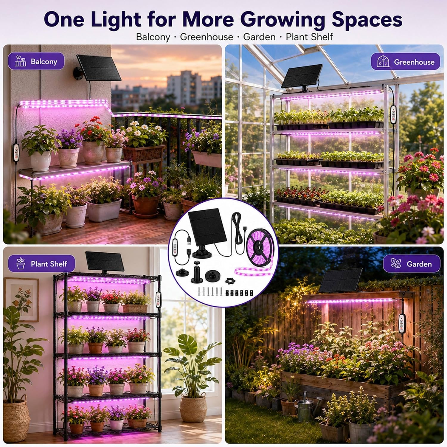 16.4FT Solar Grow Light Strip for Indoor Outdoor Plants | with Full Spectrum LED Waterproof Plant Growing Lights &