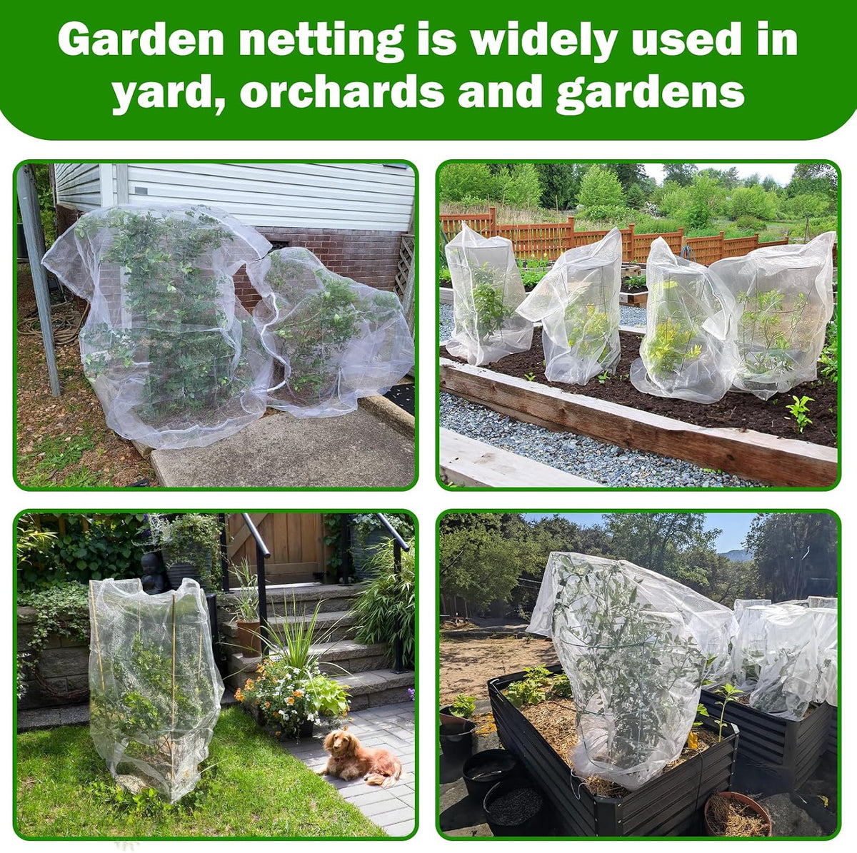 4 Pack Garden Mesh Netting for Plants 2.6x3.3ft - 3.3x4.9ft Insect Bird Netting Pest Barrier Bag with Drawstring 2 Size