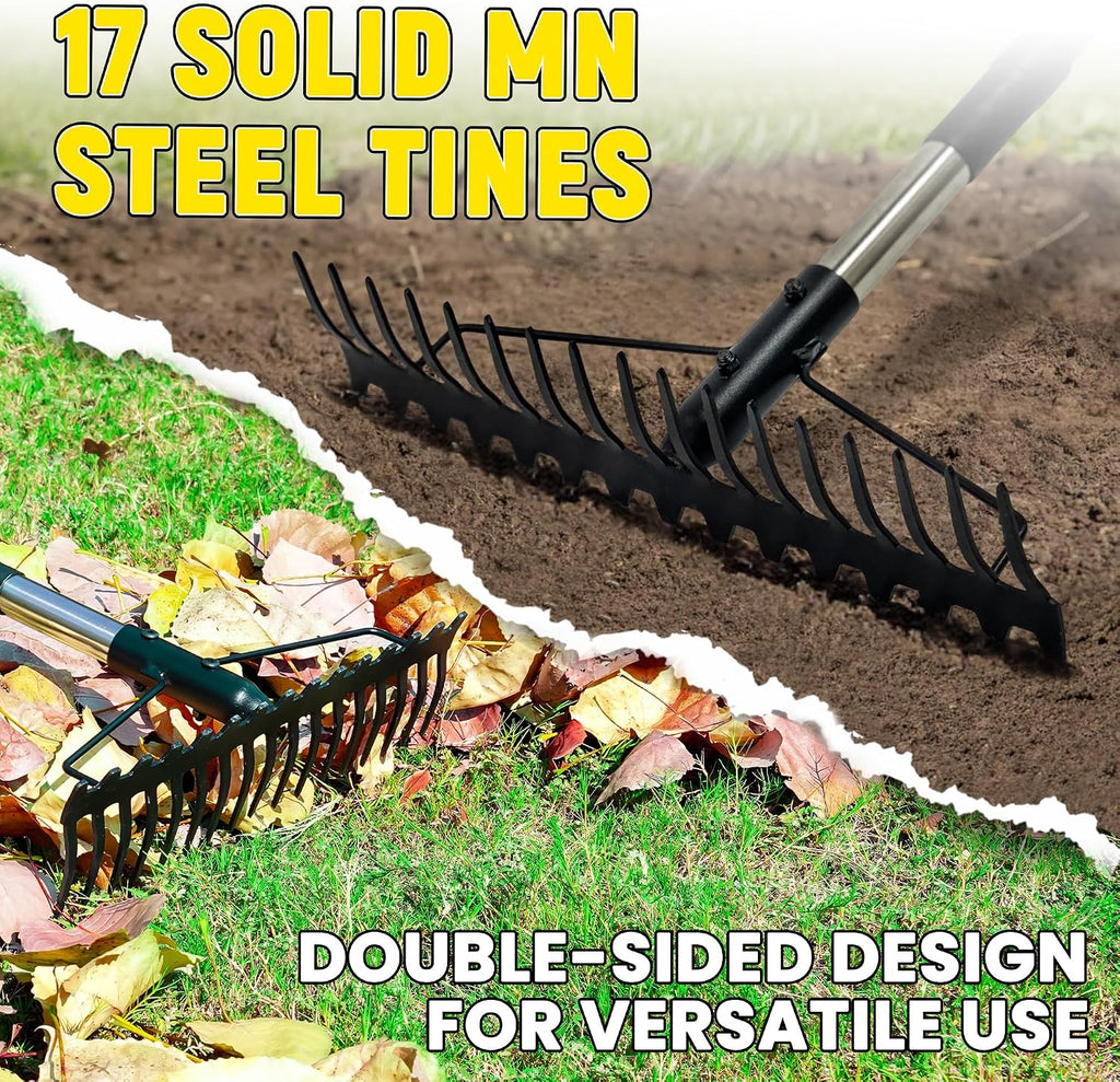 Bow Rake, 68-Inch Adjustable Handle Garden Rake with 17 Steel Tines, Heavy Duty Dual-Sided Metal Rake Landscape