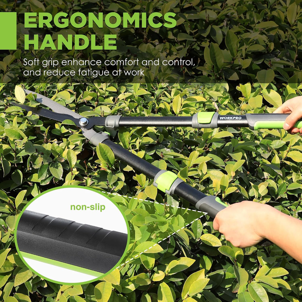 WORKPRO Extendable Hedge Shear, 25"-33" Manual Hedge Clipper/Bush Cutter | Gardening Shears, Steel Wavy Blade, Shock