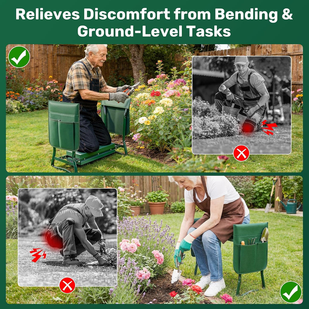 Garden Kneeler and Seat with 2 Tool Pouches for Gardening Work | 350lbs Max Load Alloy Steel Frame, 10.23in Wide EVA