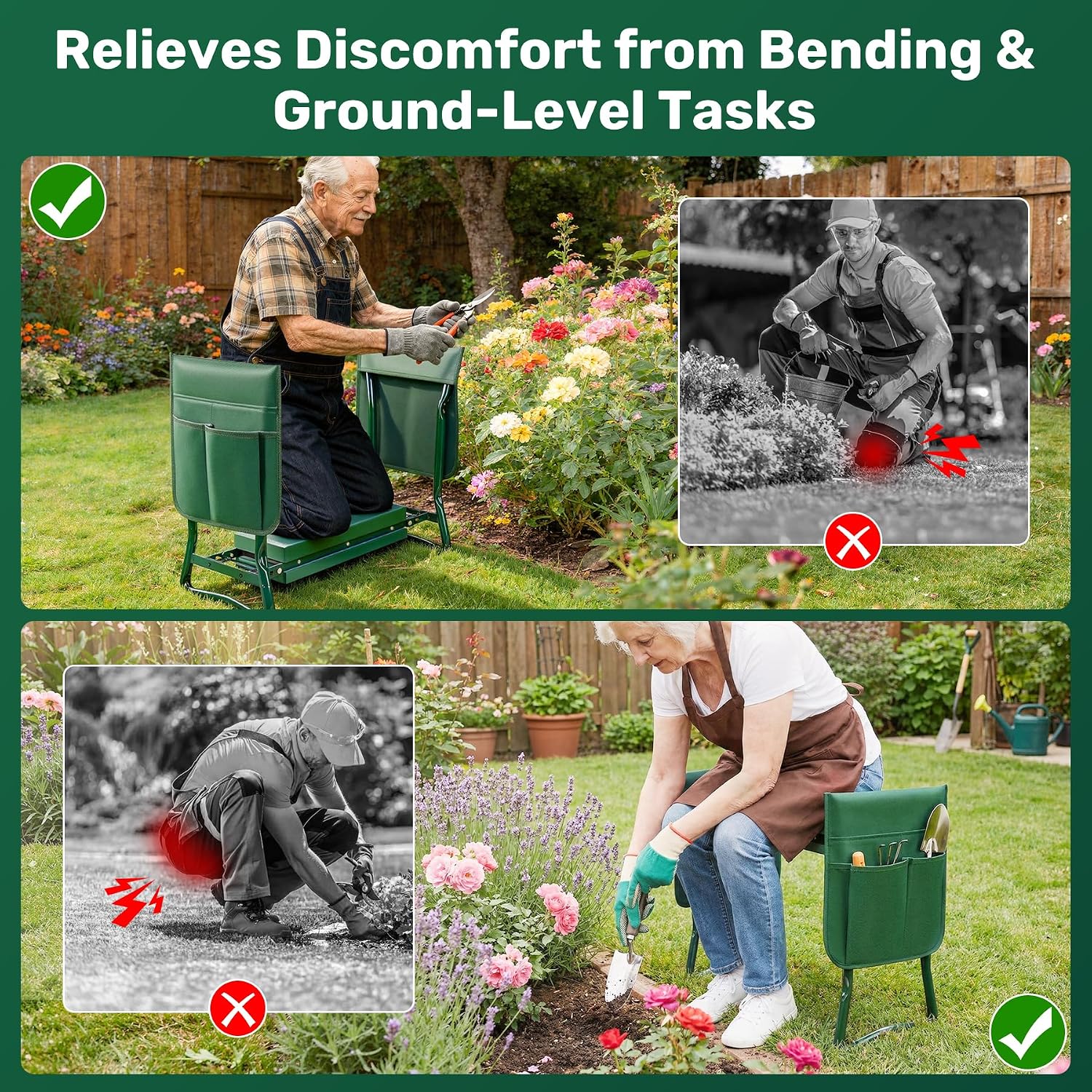 Garden Kneeler and Seat with 2 Tool Pouches for Gardening Work | 350lbs Max Load Alloy Steel Frame, 10.23in Wide EVA