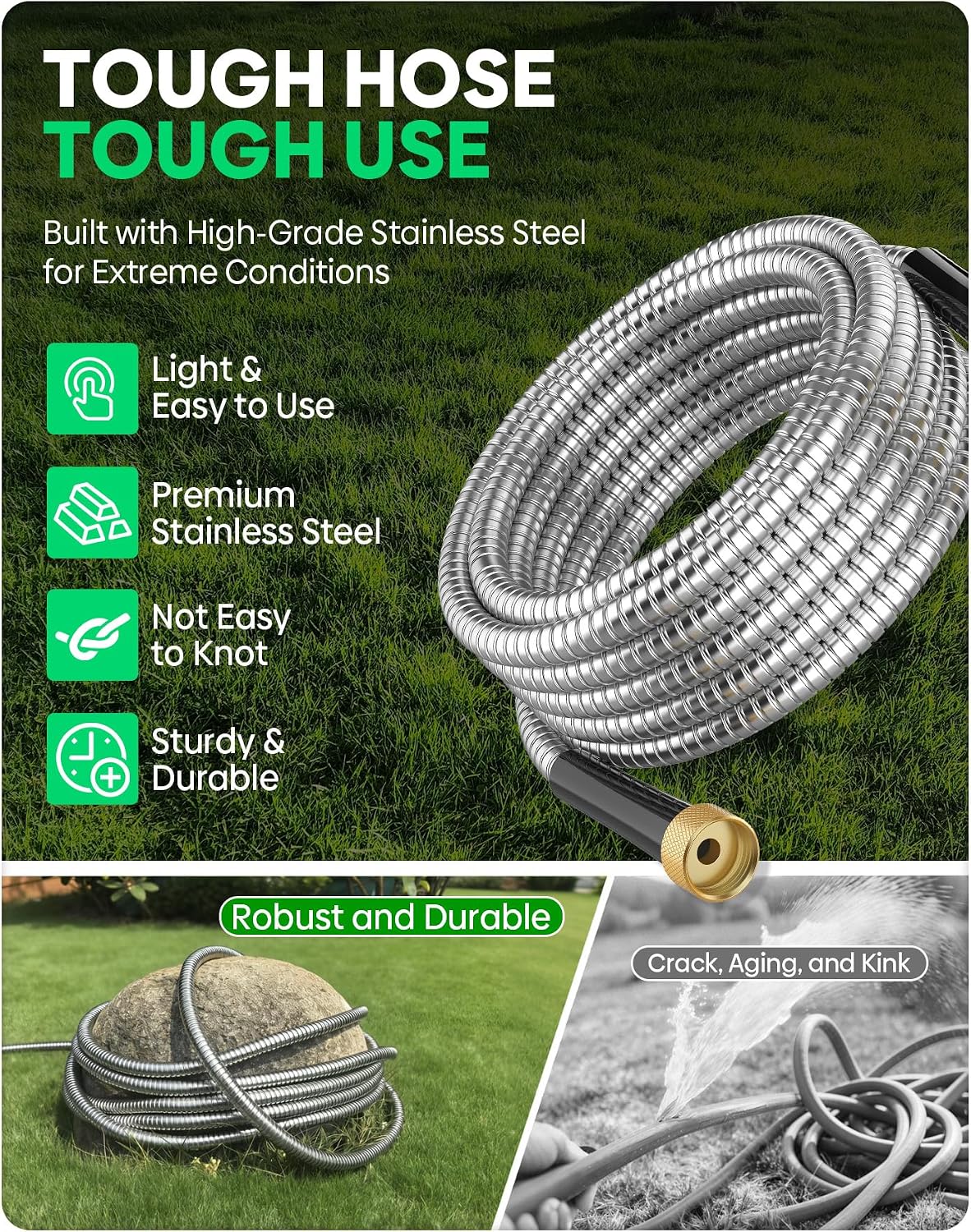 BlueGarden Metal Garden Hose 50 ft with 10 Function Nozzle,No Kinking,Flexible,Heavy Duty & Lightweight Water