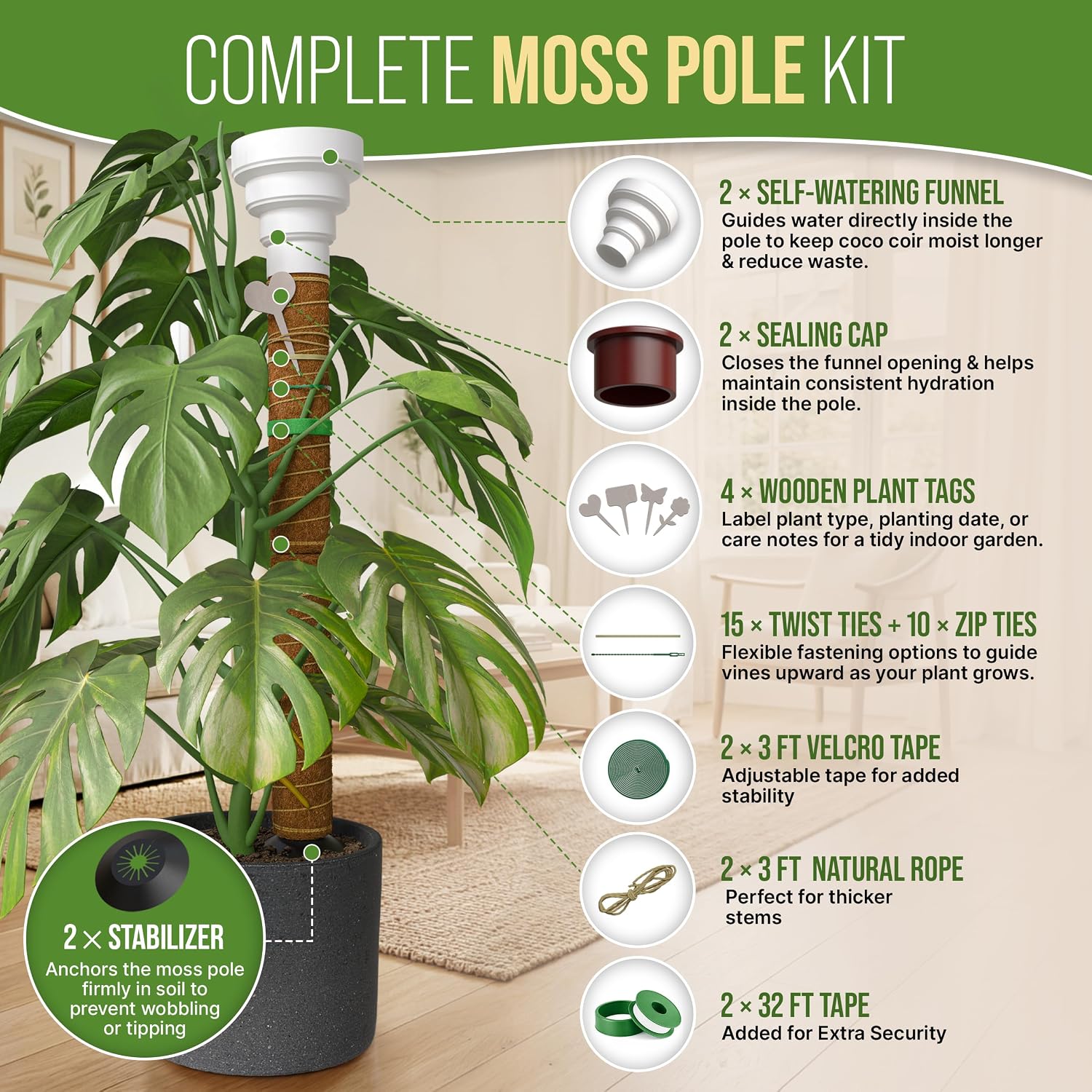 Moss Pole Monstera Plant Support Stakes - 2x26.4 or 48.7" Unique Self-Watering, Extendable Coco Coir Pole for Climbing