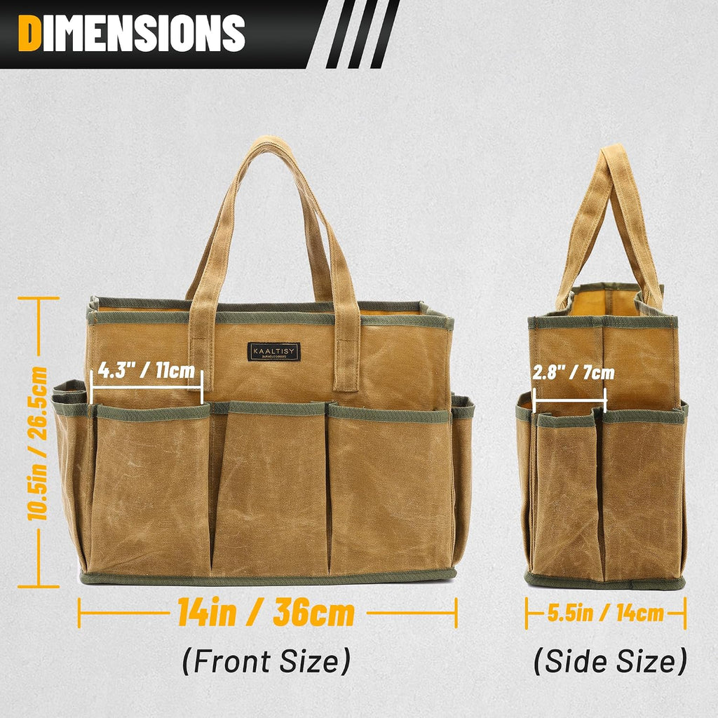 16OZ Waxed Canvas Tool Tote Bag | Large-Capacity Tool Storage Tote with 10 External Pockets | Multi-Purpose Garden Tool