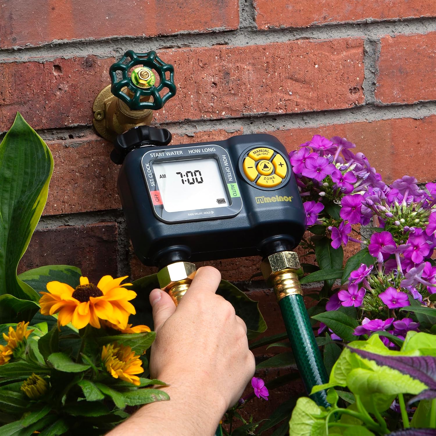 Melnor 65139AMZ AquaTimer Digital Hose Timer, 2-Zone Programmable Watering Timer, Quick Connect Bundle, Black, Yellow