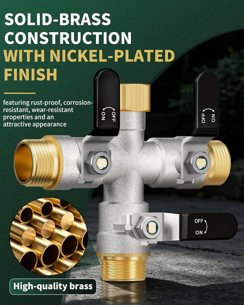 3 Way Hose Splitter, Heavy Duty Brass Garden Water Hose Splitter | Full Flow Design, Rust-Resistant Nickel-Plated