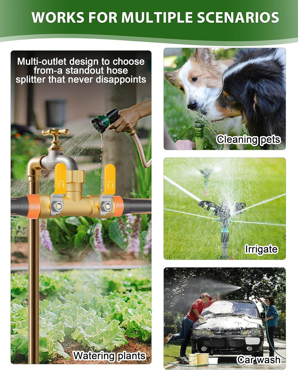 Hose Splitter 2 Way, Heavy Duty Brass Garden Hose Splitter | 0.59" Full Flow Ball Valve Outlet, Shut-Off Valve, 3/4"