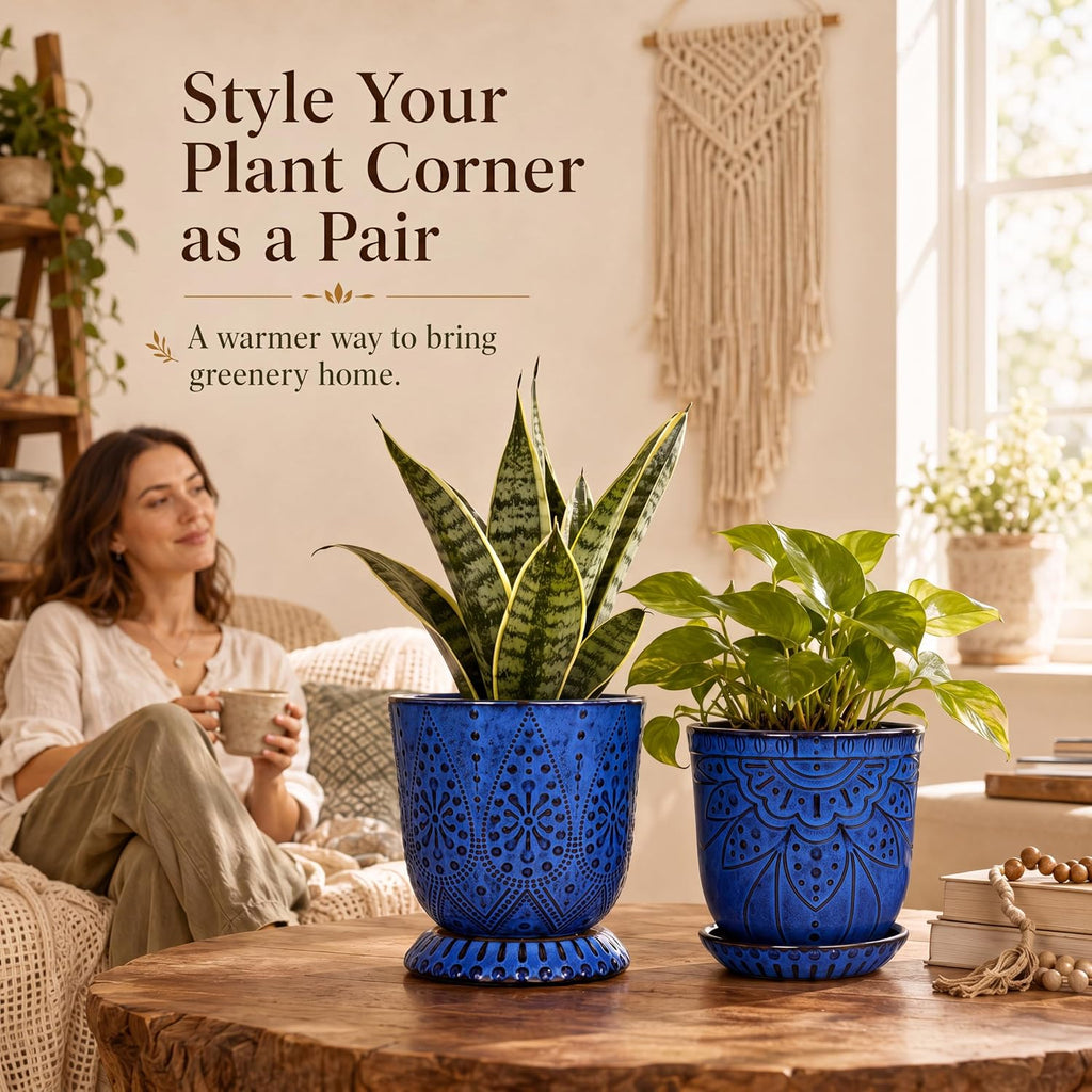 Gepege Ceramic Plant Pots, 6 Inch Indoor Planters with Drainage & Saucers | Ceramic pots for plants with drainage