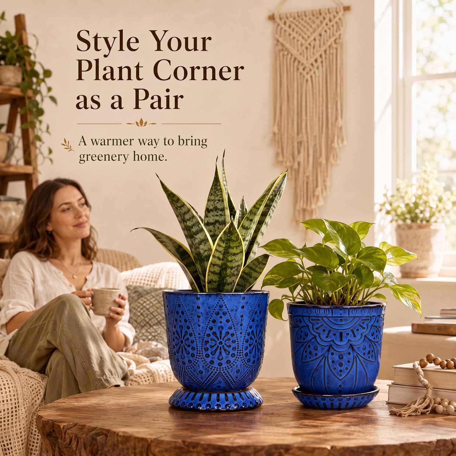 Gepege Ceramic Plant Pots, 6 Inch Indoor Planters with Drainage & Saucers | Ceramic pots for plants with drainage