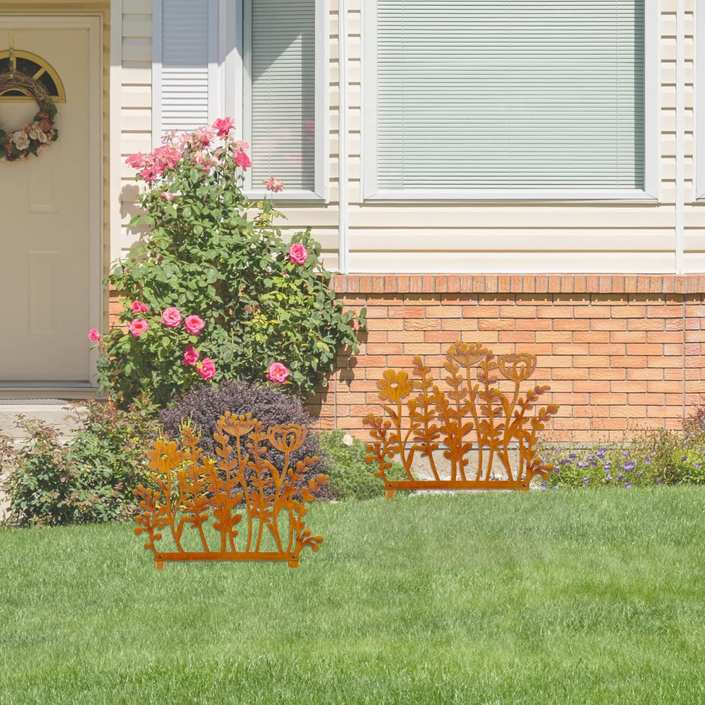 Decorative Wild Flowers Stakes Set of 2, Rusty Metal Flower for Outside | Metal Flowers Yard Art 29 x 14.0 inches