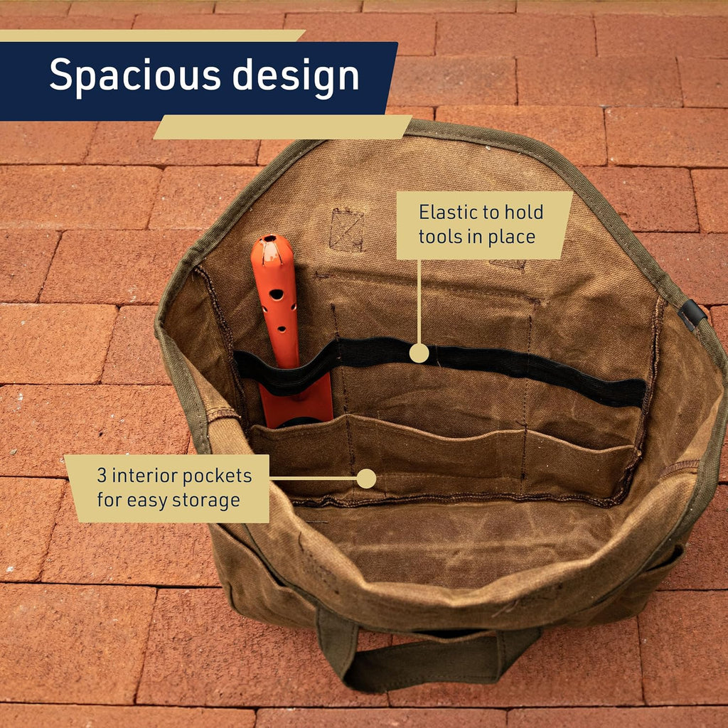 Garden Tool Bag - 12x14” Heavy Duty Waxed Canvas Tote Bag Caddy with 6 Interior and 3 Exterior Pockets for Organizing