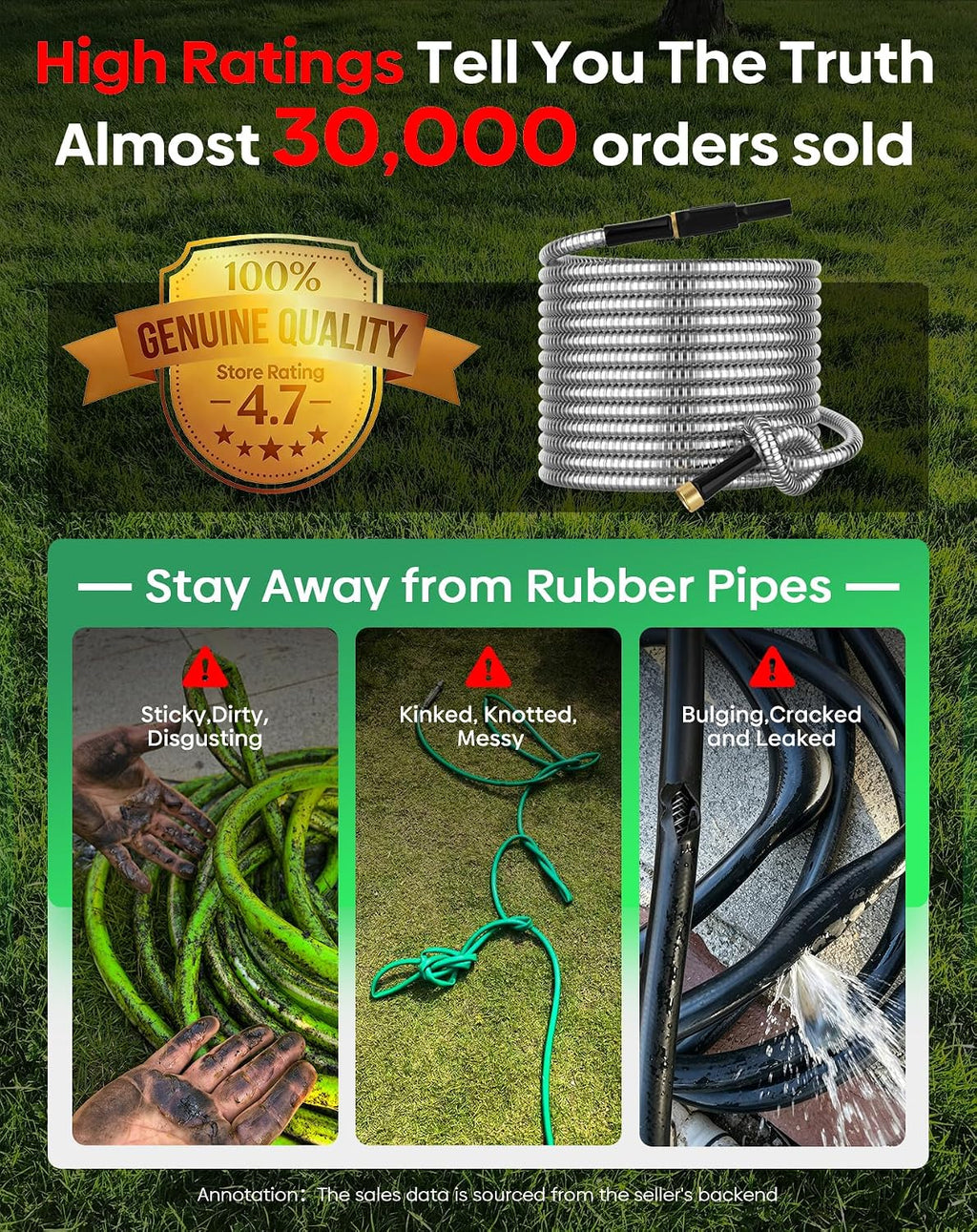 Non-Expandable Metal Garden Hose 30 Feet with Sprayer Nozzle, Flexible, No Kinking, Lightweight & Heavy Duty Water