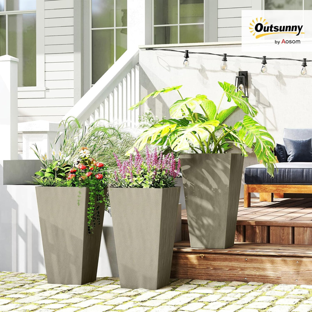 Outsunny 28 in Tall Planters for Outdoor Plants with Drainage Holes, Grey | Set of 3, Taper Planters, Indoor Grande