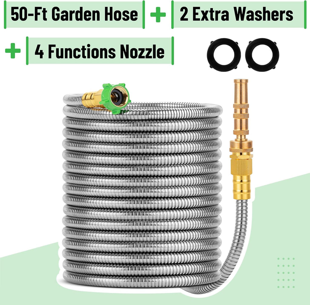 UNCO- Stainless Steel Metal Hose with 4 Function Brass Nozzle, 50 ft, No Kink, Metal Garden Hose