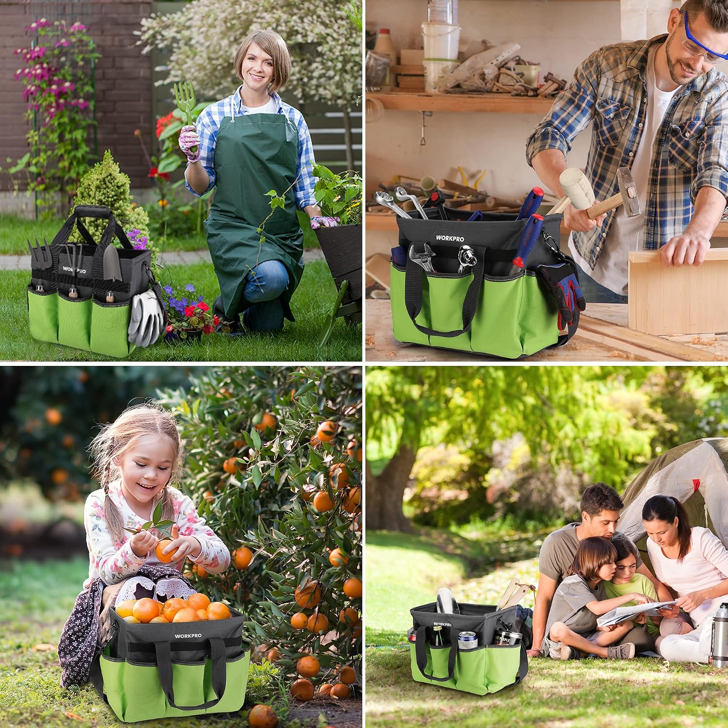 WORKPRO Garden Tool Bag, 10 Pockets and Shoulder Strap, Green | Heavy Duty Gardening Organizer Tote Bag, Standable