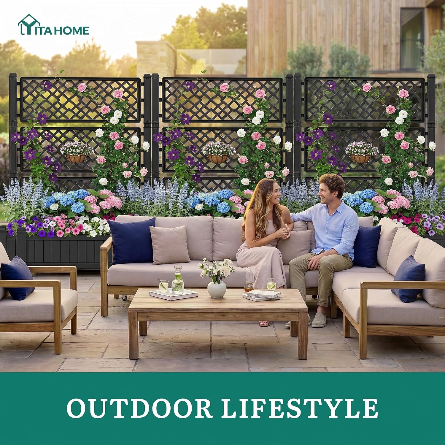 YITAHOME 43.3x17.7x61 in Planter Trellis Box with Wheels & Drain Plug, Outdoor Resin Raised Garden Bed for Climbing