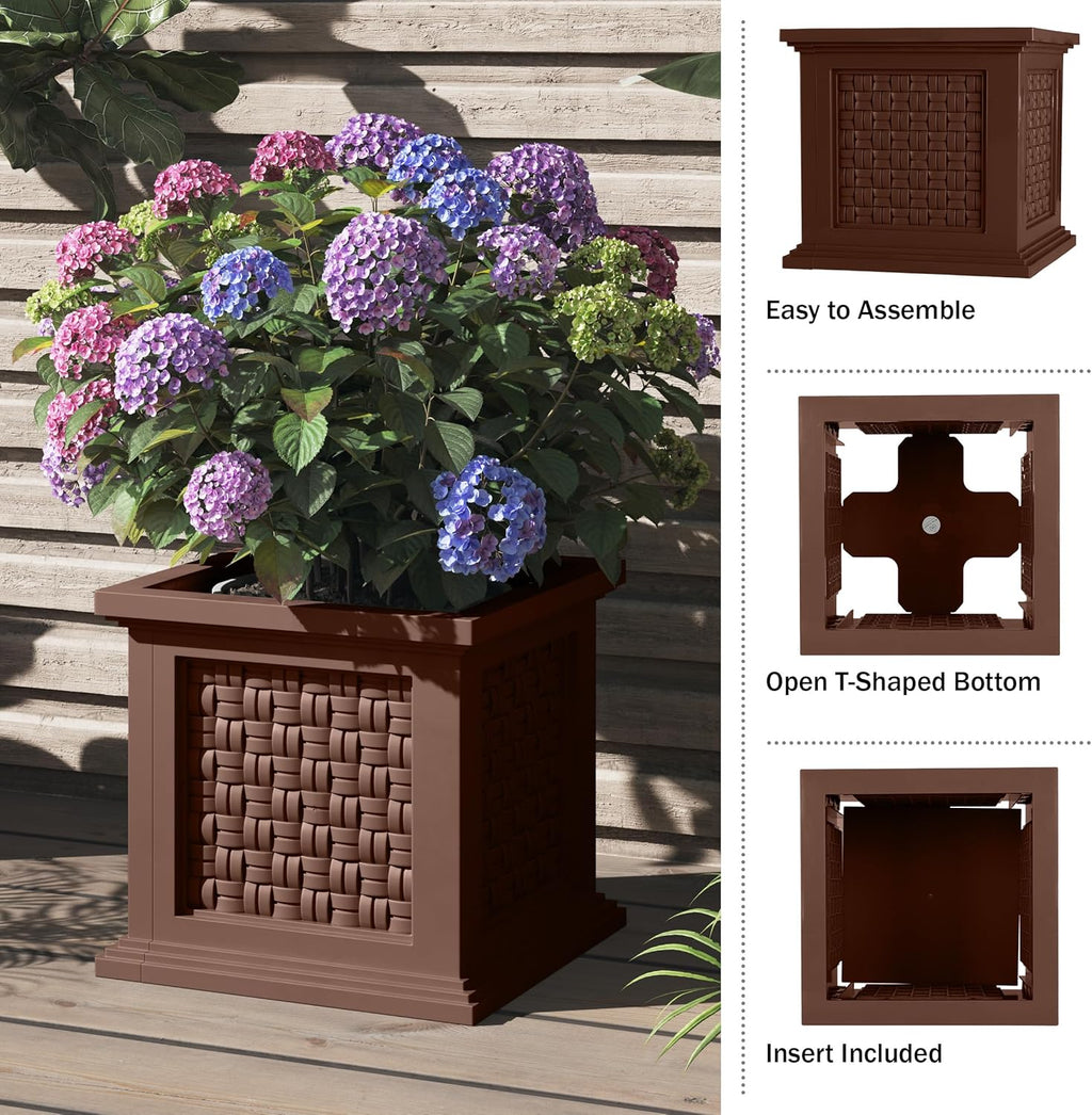 Rattan Style Outdoor Planter Box - 14.65-Inch-Square Decorative Flower or Plant Pot - Garden, Patio and Front Porch