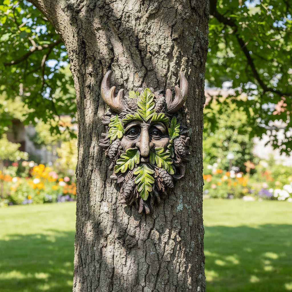 8.3" Real Tree Face Hugger Statue, Garden Outdoor Resin Sculpture with Foliage Features, Fairy Elve Accent Yard Art