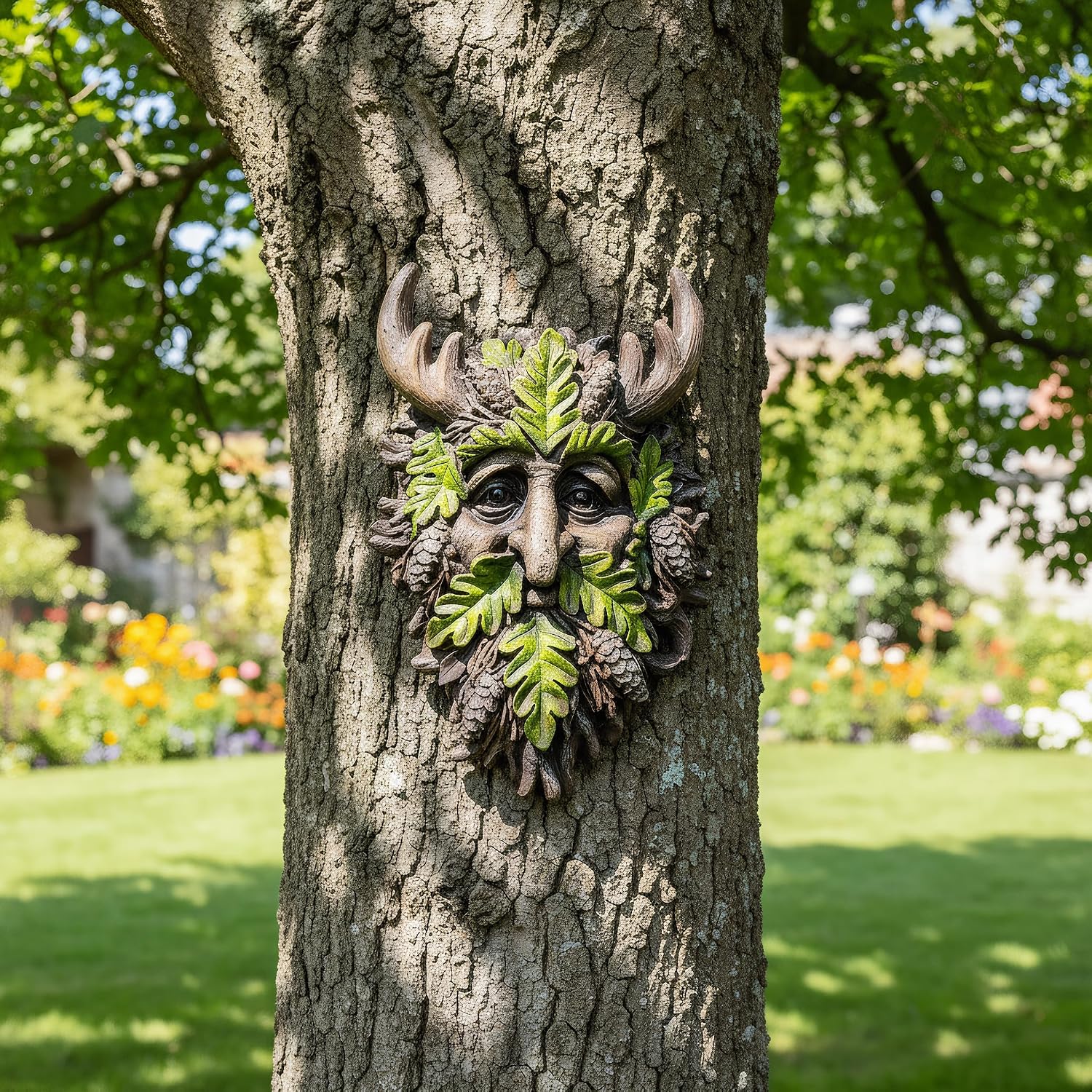 8.3" Real Tree Face Hugger Statue, Garden Outdoor Resin Sculpture with Foliage Features, Fairy Elve Accent Yard Art