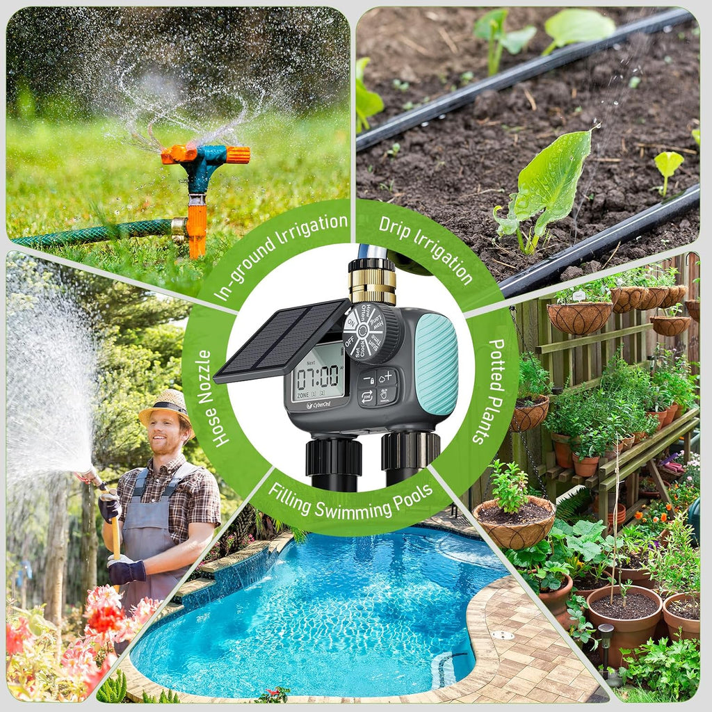 2 Zone Solar Water Timer, Hose Timer with Solar Charging | Sprinkler Timers for Garden Hose with Auto/Manual/Rain Delay
