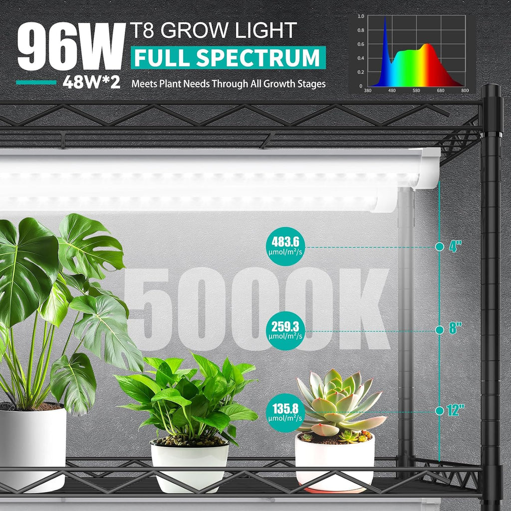 JESLED 4FT Grow Lights, 5000K Full Spectrum Sunlight White, V-Shaped Beam | 96W(2 X 48W), 600W Equiv, On/Off Switch, T8