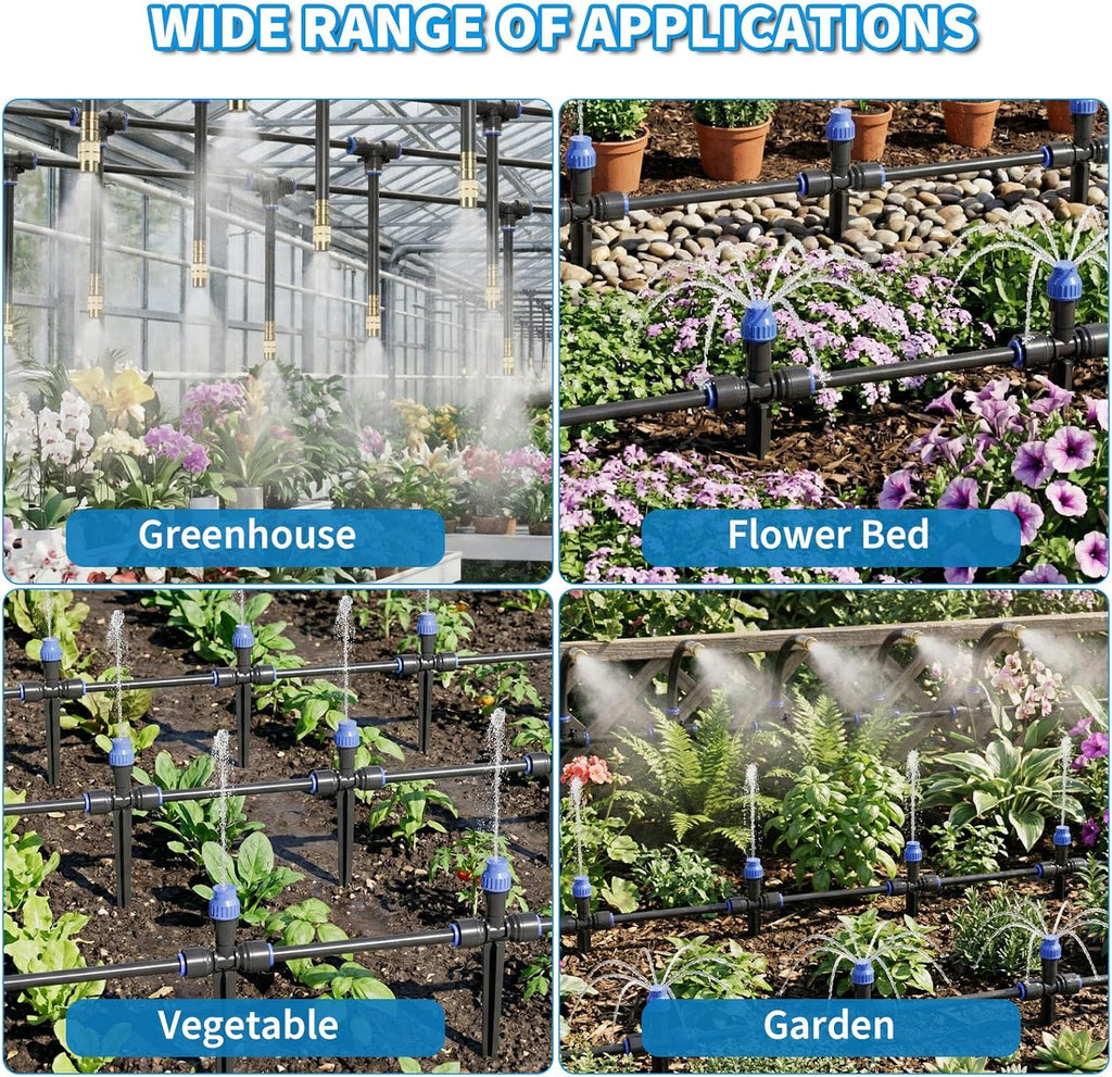 Drip Irrigation System 130FT with 10 Bendable Nozzles, 10 Misting Emitters, 10 8-Outlet Drip Emitters, 1/2 & 1/4 Inch