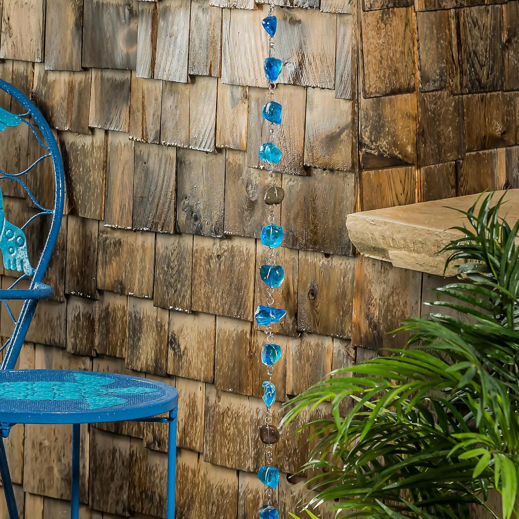 Evergreen 6 Feet Long Blue Glass and Metal Rain Chains for Gutters | Rain Catcher Chain Replacement Downspout