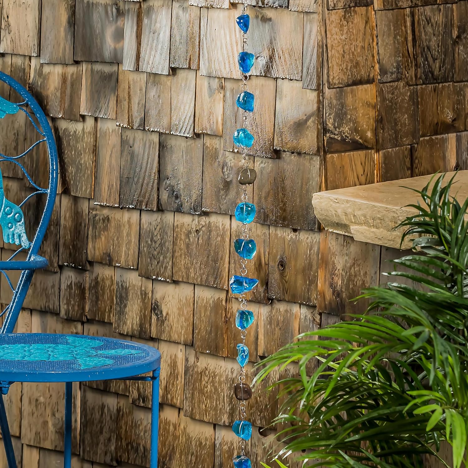 Evergreen 6 Feet Long Blue Glass and Metal Rain Chains for Gutters | Rain Catcher Chain Replacement Downspout
