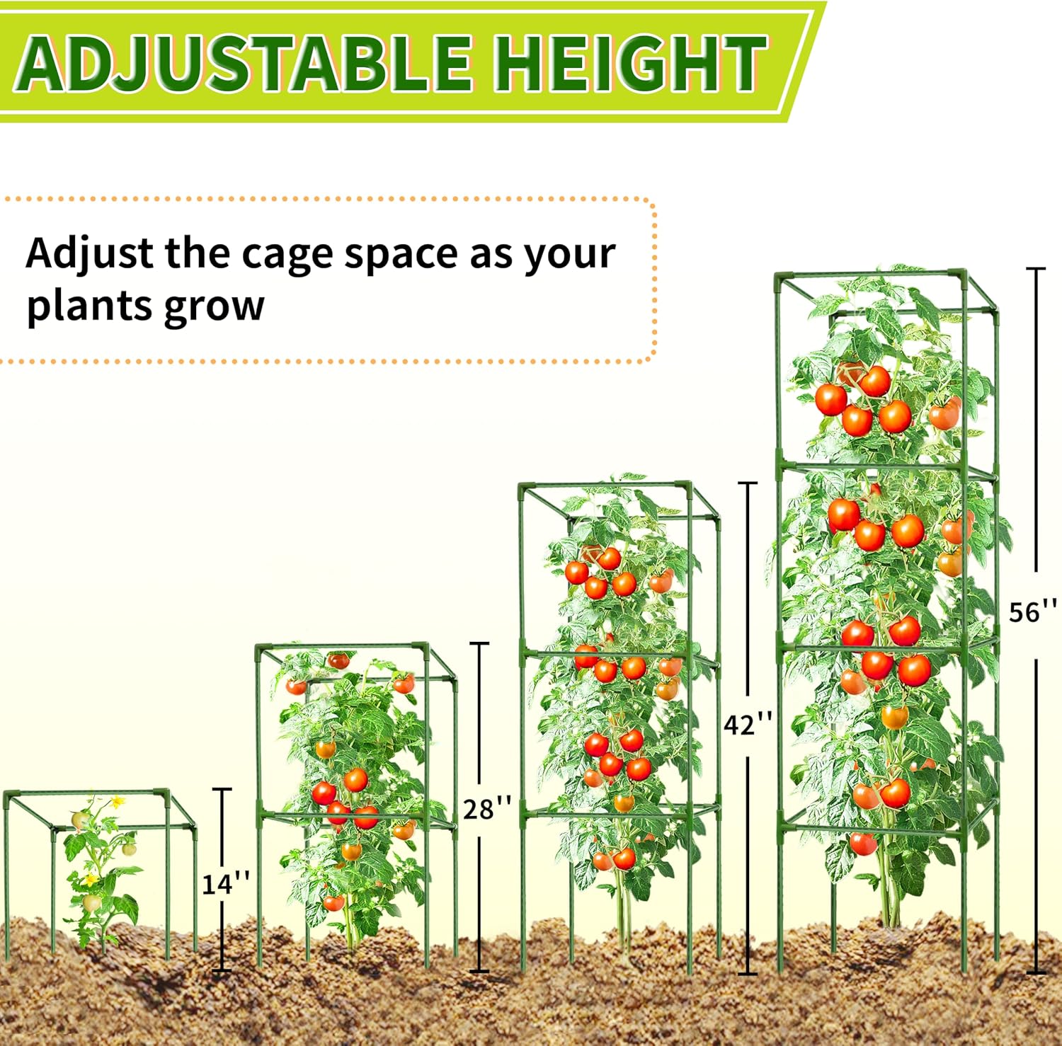 3 Pack Square Tomato Cages for Garden - 56 Inch Heavy Duty Tomato Plant Support Stakes, Sturdy Metal Core with