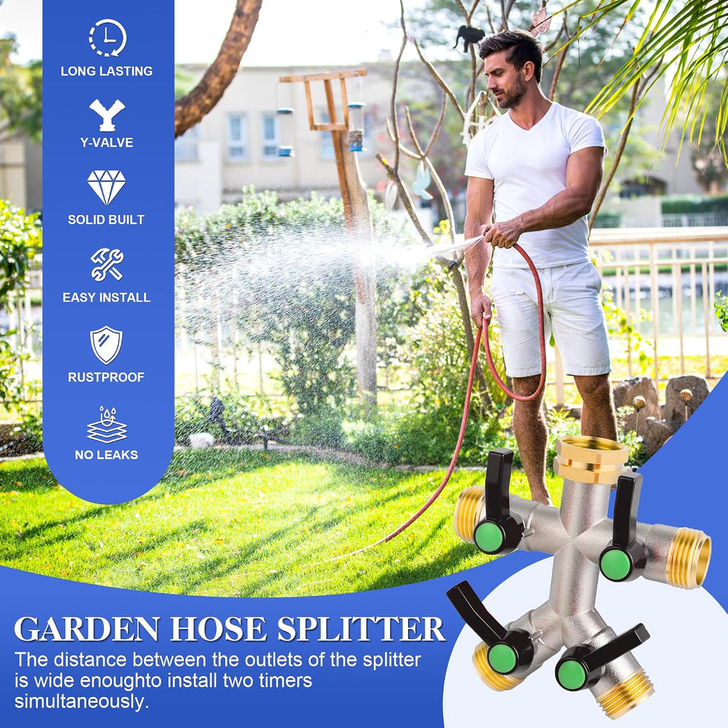 EJW Hose Splitter 4 Way, Garden Hose Splitters, Heavy Duty Faucet Splitter,Rv Brass Water Hose Y Splitter, Hose